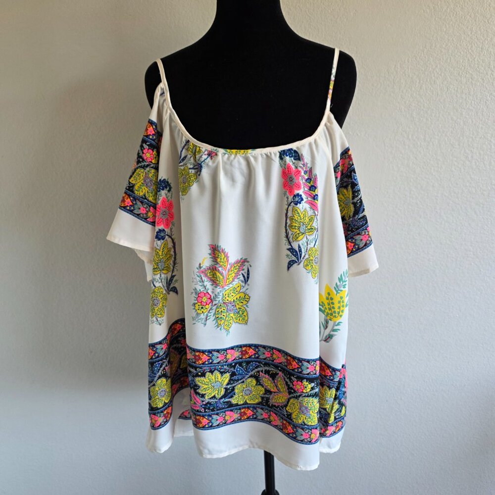 NEW Moon Collection Blouse Top Cold Shoulder Semi Sheer Artsy Floral Size XL